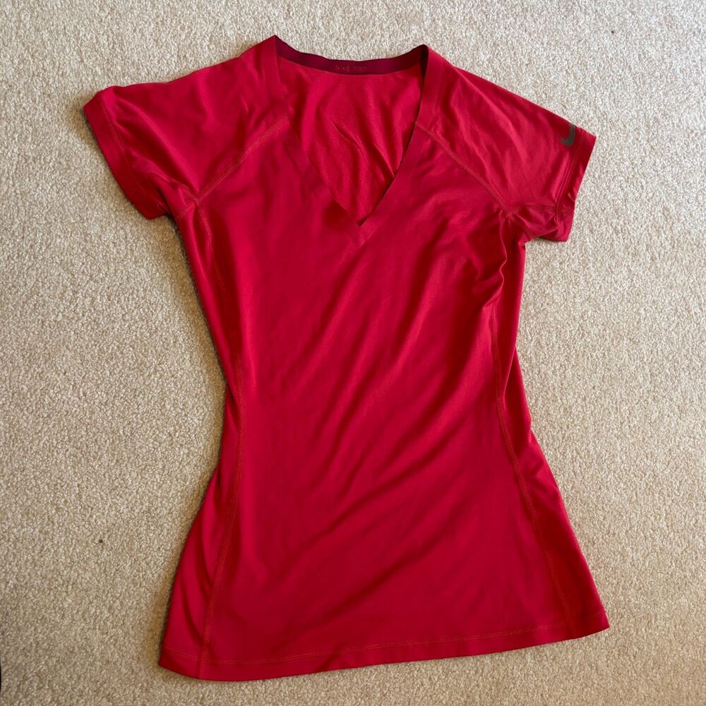 Nike Pro Dri-FIT V-Neck Training Top Red Women's M Short Sleeve